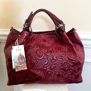 Tooled Swirls Design Burgundy Italian Leather Large Satchel/Shoulder/Xbody Bag.